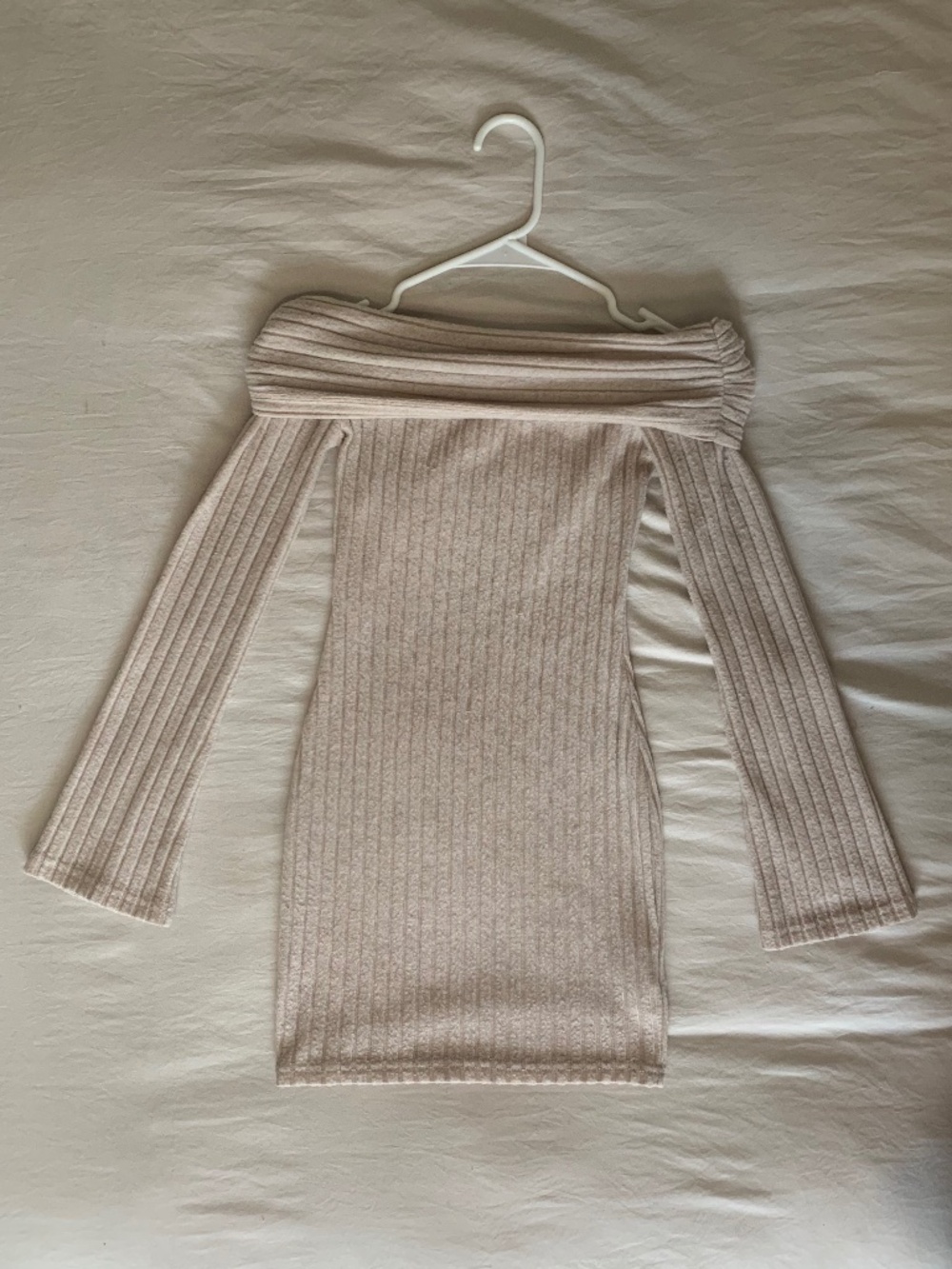 SHEIN Beige Off the Shoulder Ribbed Knit Bell Sleeve Bodycon Mini Dress XXS NWOT
